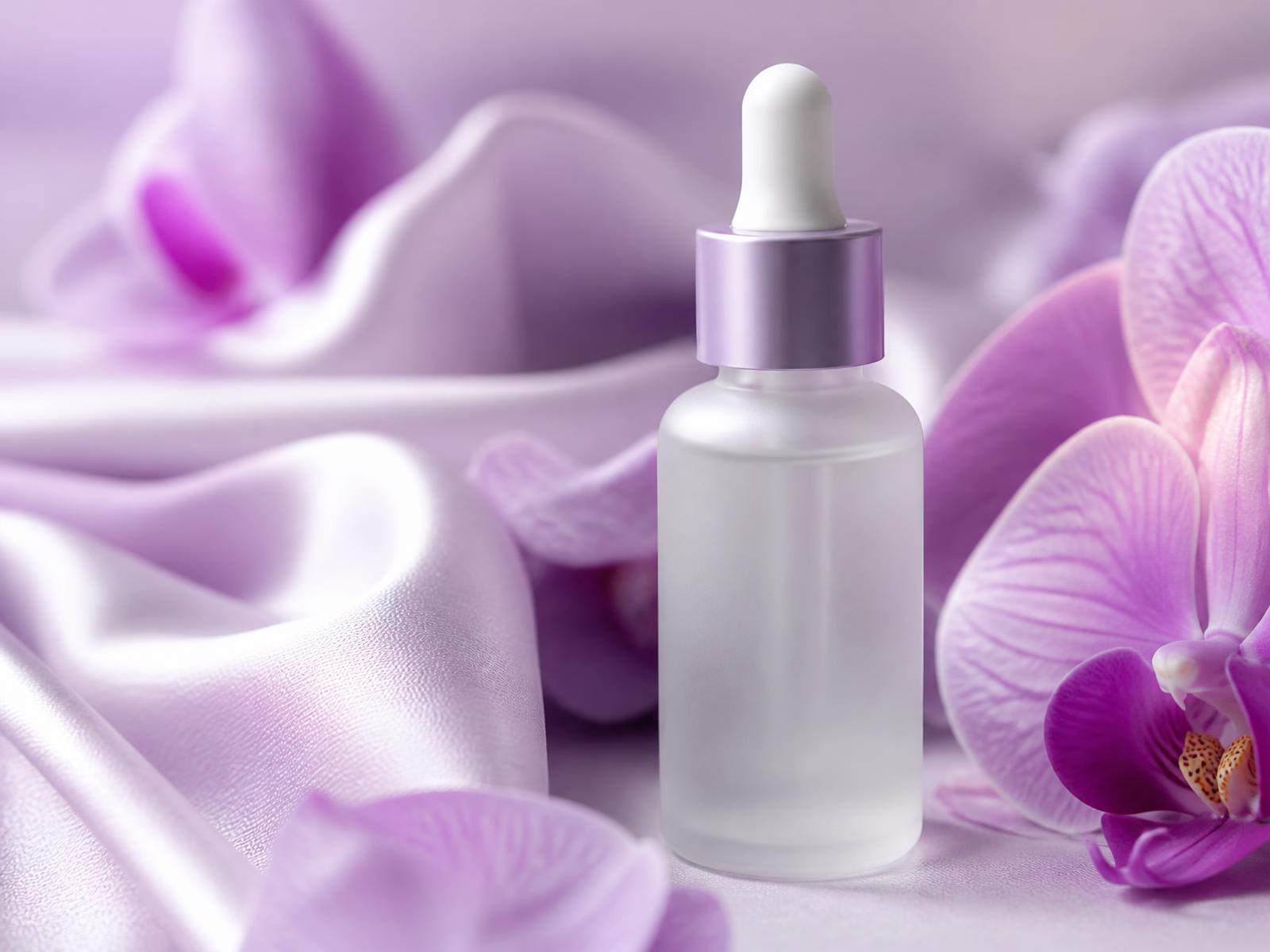 Serumion serum bottle resting on lilac silk with orchid petals